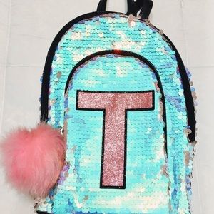 justice silver sequin T initial mini backpack <3